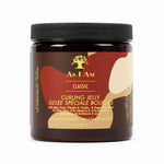 A jar of As I Am Classic Curling Jelly on a white background. The product is in a dark amber-brown jar with a black ribbed lid and a brown label featuring gold and beige abstract shapes.