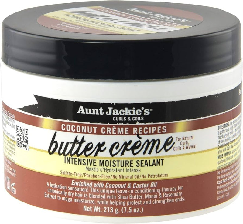 Jar of Aunt Jackie's Coconut Crème Recipes Butter Crème hair product on a white background