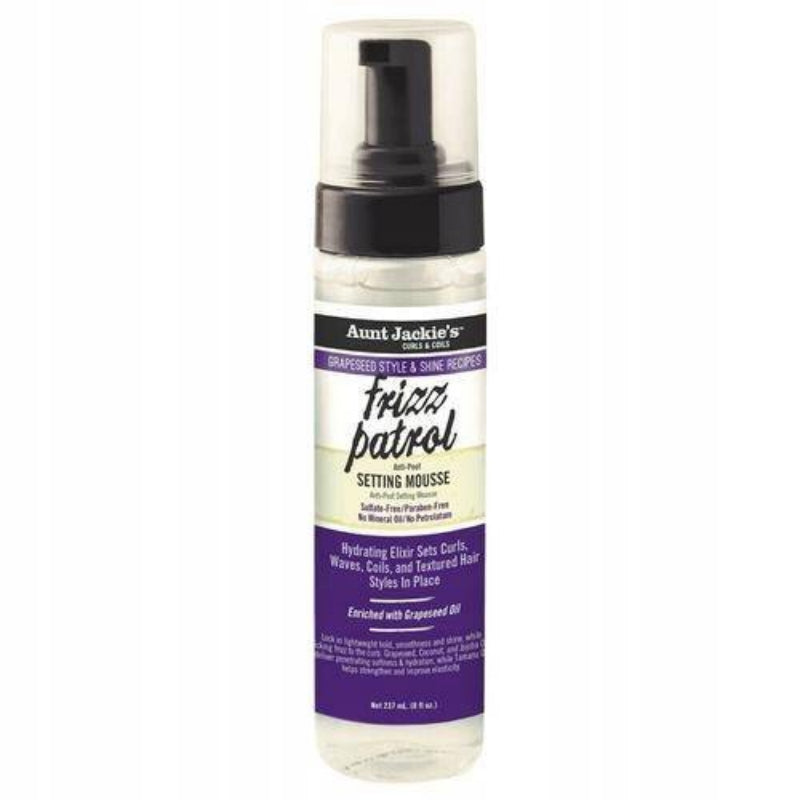 Aunt Jackie's frizz patrol setting mousse bottle on a white background