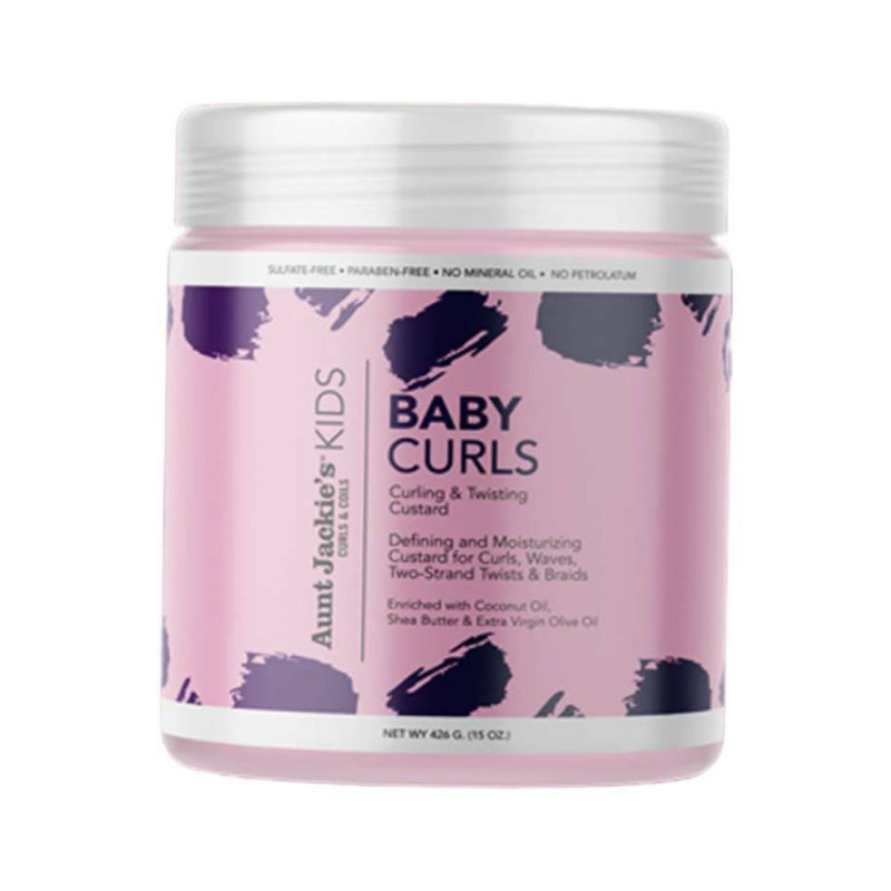 Jar of 'Baby Curls' product with pink label on white background