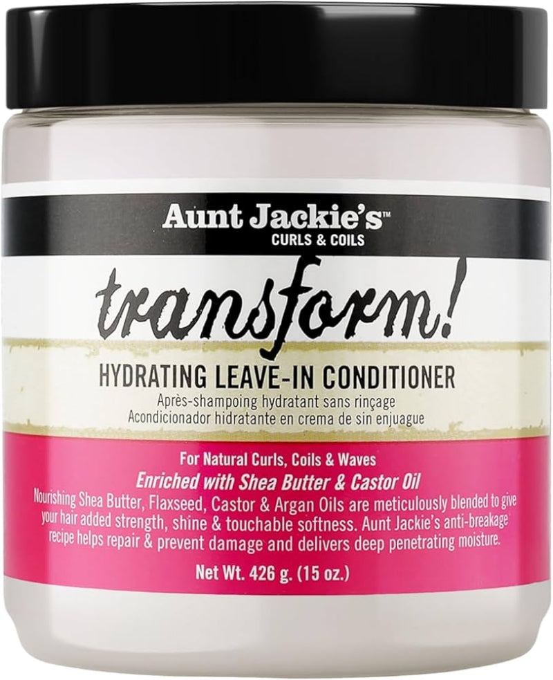 Jar of Aunt Jackie's Curls & Coils Transform! Hydrating Leave-In Conditioner with black lid.