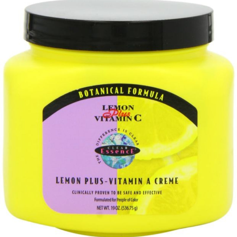 Yellow jar of Lemon Plus Vitamin C creme with a black lid on a white background