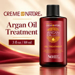 Creme of Nature Argan Oil Treatment in a 3 fl oz (88 ml) amber bottle with a black cap, set against a warm, draped red and gold background with product text on the left.