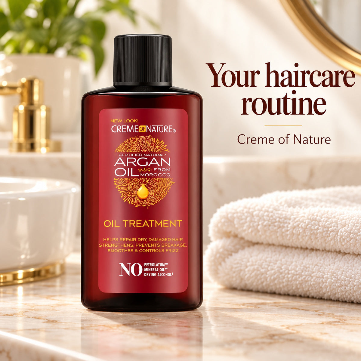 A bottle of Creme de Nature Argan Oil Treatment for dry, damaged hair, set on a marble bathroom counter next to a white towel with a sink and gold faucet in the background. Text on the right reads 'Your haircare routine'.