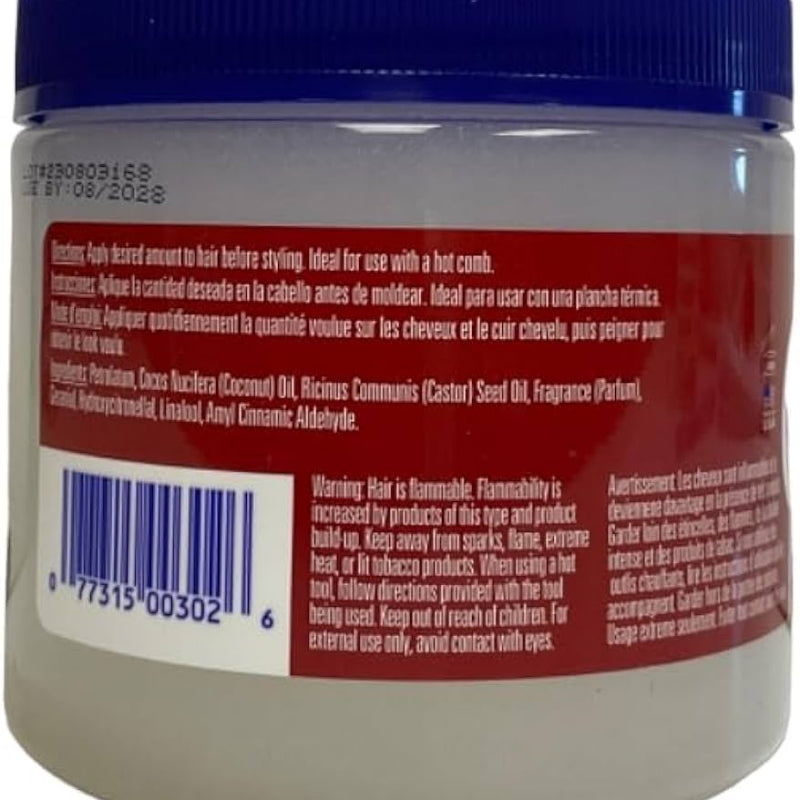 Back view of a hair product jar with blue lid and red label.