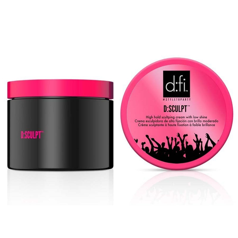 Black and pink hair product container with 'd:fi' branding on a white background