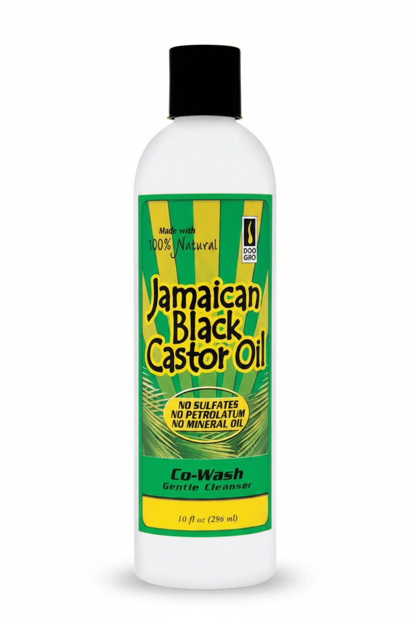 A white plastic bottle of Jamaican Black Castor Oil Co-Wash Gentle Cleanser with a black cap and a green and yellow label.