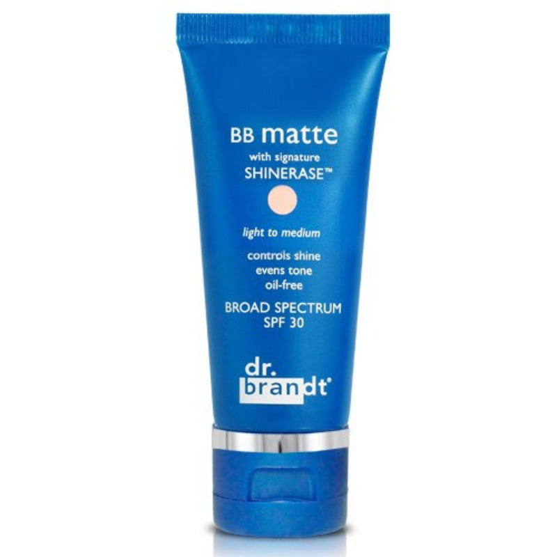 Blue tube of dr. brandt BB matte cream on a white background