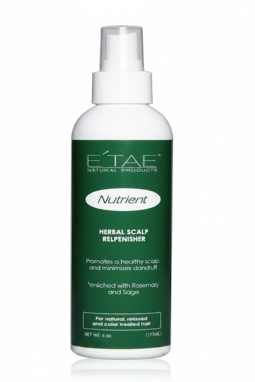 E'TAE Nutrient Herbal Scalp Relpenisher bottle on a gray background