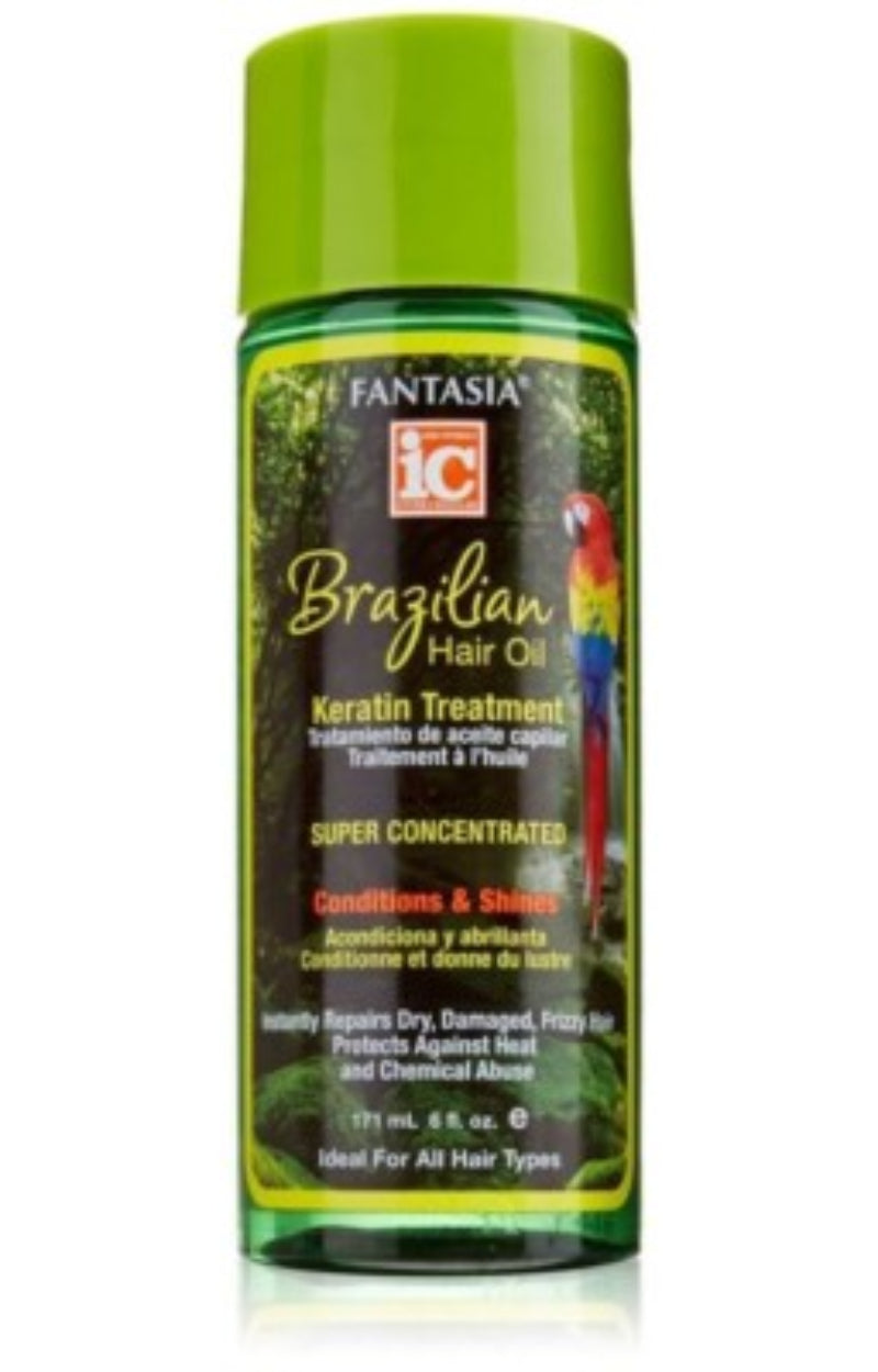 Fantasia Brazilian Hair Oil Keratin Treatment bottle with green cap on a white background