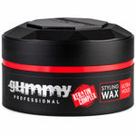 A black jar of Gummy Professional Keratin Complex Styling Wax with a red band and white/red text on the label, set against a plain white background.