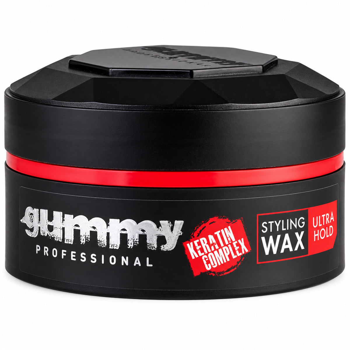 A black jar of Gummy Professional Keratin Complex Styling Wax with a red band and white/red text on the label, set against a plain white background.