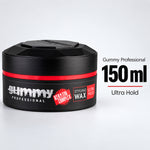 A 150 ml black jar of Gummy Professional Styling Wax Ultra Hold with a red band, shown on a light gray background with text overlays.