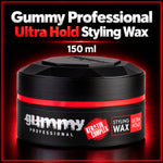 A 150 ml jar of Gummy Professional Ultra Hold Styling Wax, featuring a black container with a red band and white logo text, set against a dark background with red glow and white text overlays.