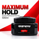 A black jar of Gummy Professional Hair Gel with Maximum Hold, set against a white and red graphic background with bold red and black text.