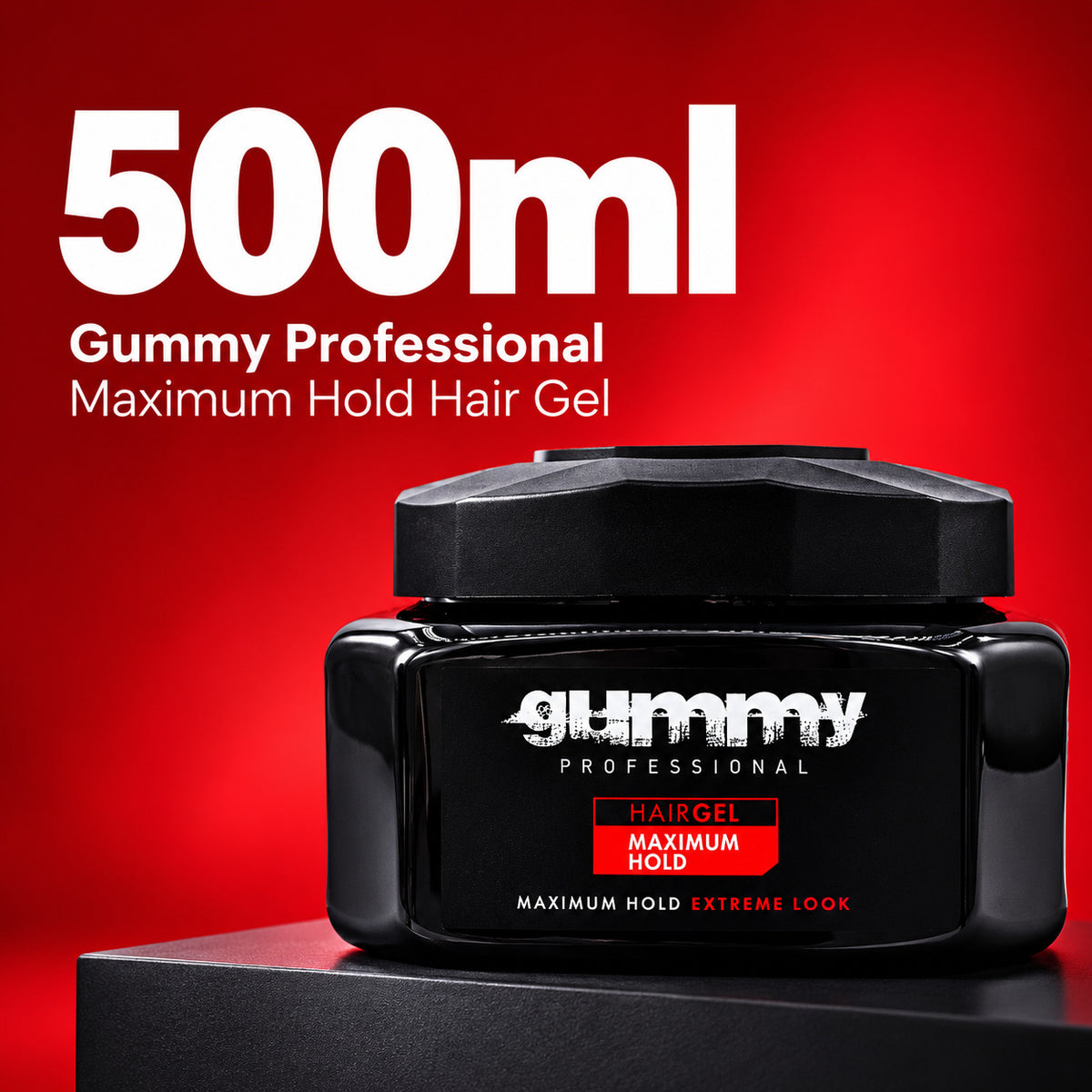 A black jar of Gummy Professional Hair Gel with a red label, displayed on a black pedestal against a vibrant red background with white text reading '500ml Gummy Professional Maximum Hold Hair Gel'.