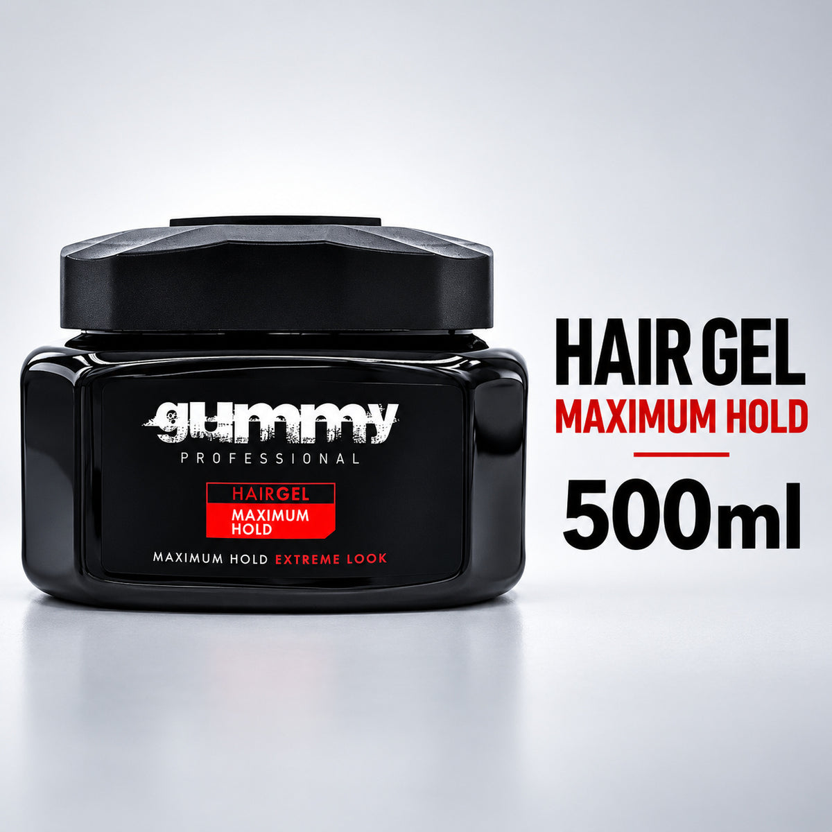 A black jar of Gummy Professional Hair Gel Maximum Hold, 500ml, shown on a light gray gradient background with bold black and red text on the right.