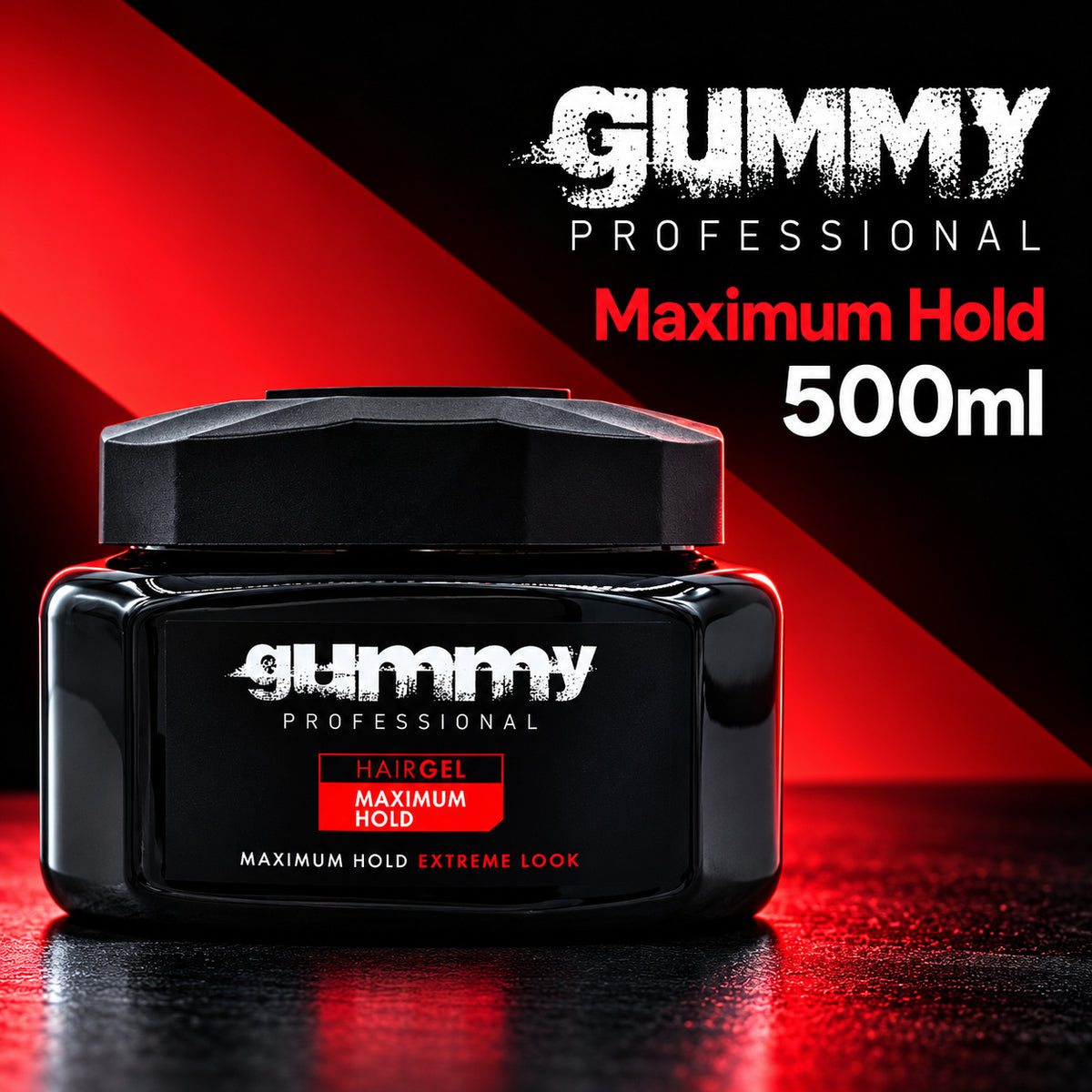 A black jar of Gummy Professional Hairgel Maximum Hold, 500ml, displayed on a dark reflective surface with dramatic red lighting and text overlays.