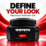 A black jar of Gummy Professional Hairgel Maximum Hold hair gel centered on a red and white graphic background with the text 'DEFINE YOUR LOOK Maximum Hold Hair Gel' above it.