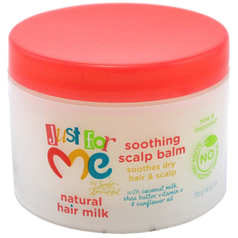 Jar of 'Just For Me' soothing scalp balm with a red lid on a white background