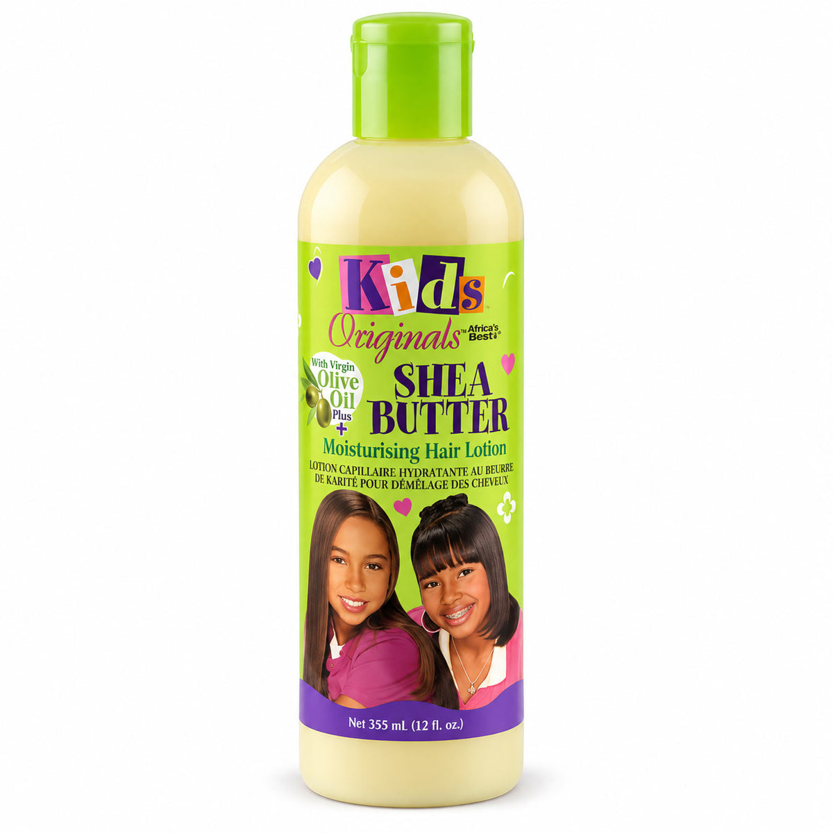 A 355 mL bottle of Kids Originals Shea Butter hair moisturizer, featuring a bright green cap and a colorful label with two young girls, on a solid white background.