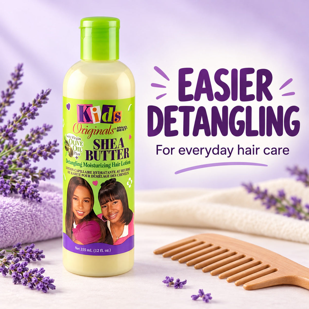 A bottle of Kids Originals Shea Butter Detangling Hair Lotion stands on a white surface with lavender sprigs, a wooden comb, and a purple towel. The bottle is pale yellow with a bright green cap and a green-and-purple label showing children's faces.