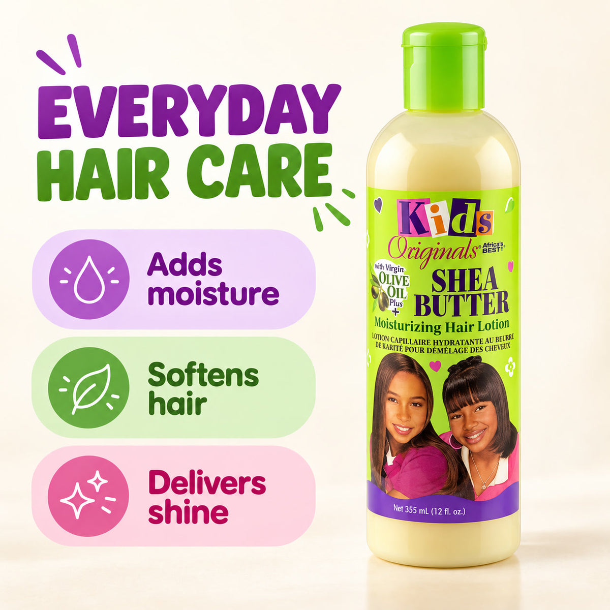 A bottle of Kids Originals Shea Butter Moisturizing Hair Lotion stands on a light beige background with promotional text and feature callouts. The bottle is pale yellow with a bright green cap and a lime green label featuring the brand name 'Kids Originals' and product name 'Shea Butter.