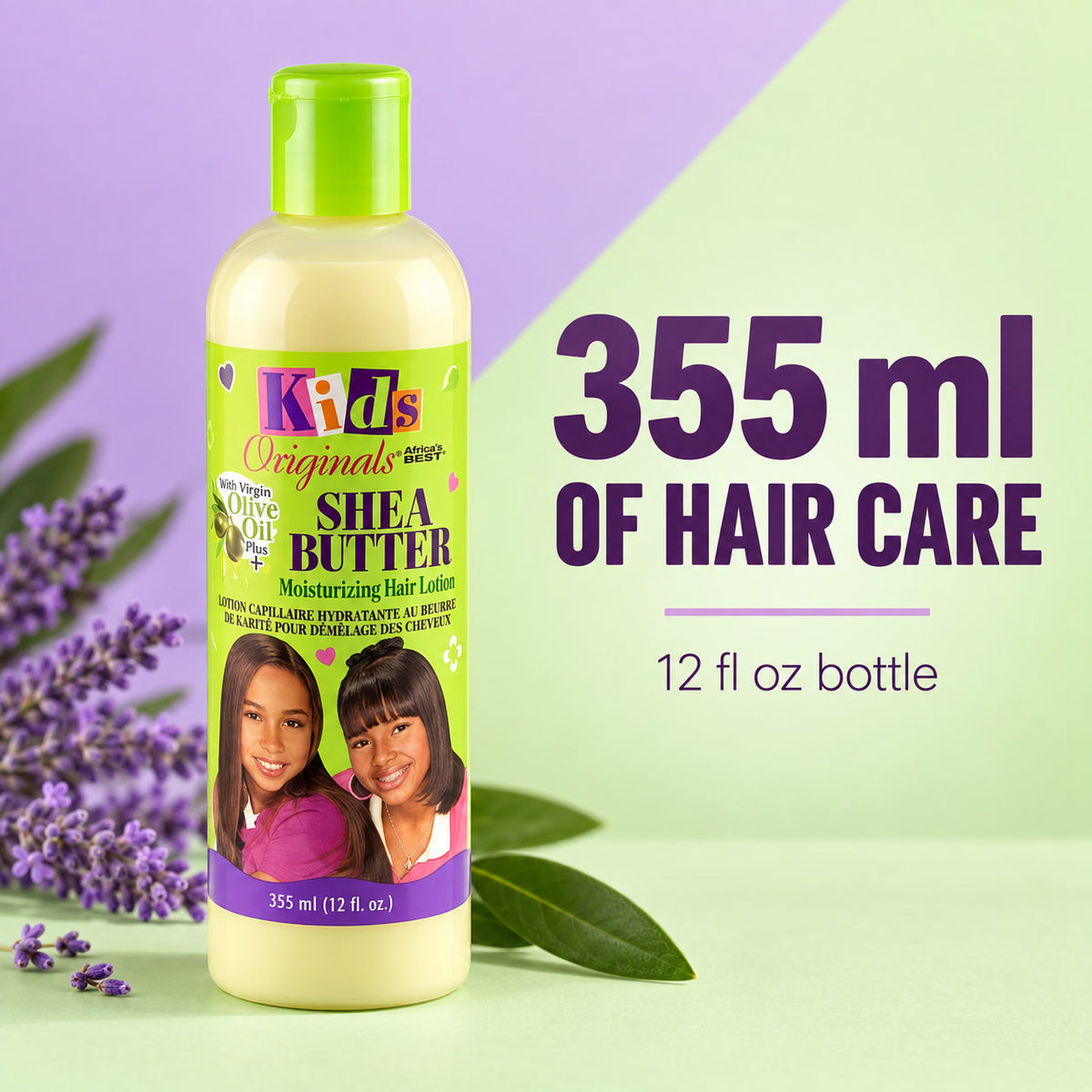A bottle of Kids Original Shea Butter Moisturizing Hair Lotion by Lavender Lane, 355 ml (12 fl oz), shown on a split purple and light green background with decorative lavender flowers and green leaves. Text on the right reads '355 ml OF HAIR CARE' and '12 fl oz bottle'.