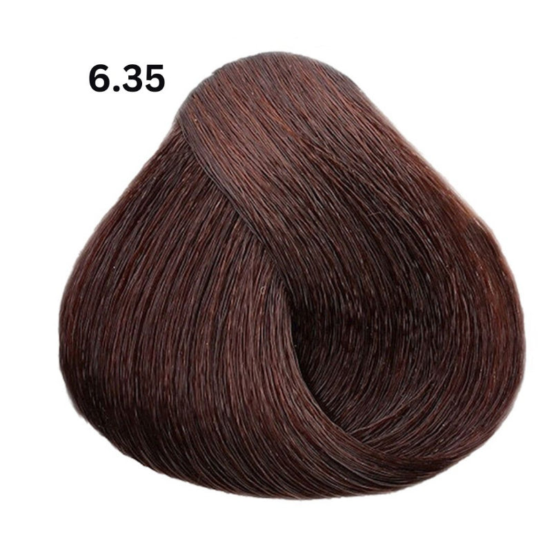 Hair color swatch with shade number 6.35 on a white background