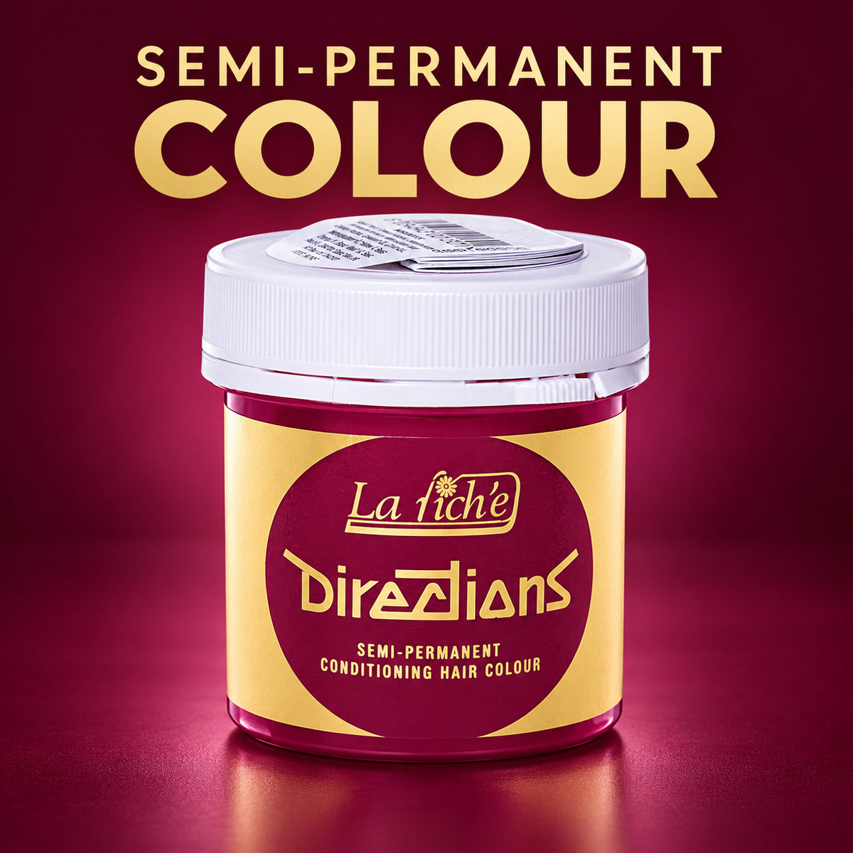 A jar of La Richie Directions Semi-Permanent Conditioning Hair Colour on a dark maroon background with gold text reading 'SEMI-PERMANENT COLOUR'.