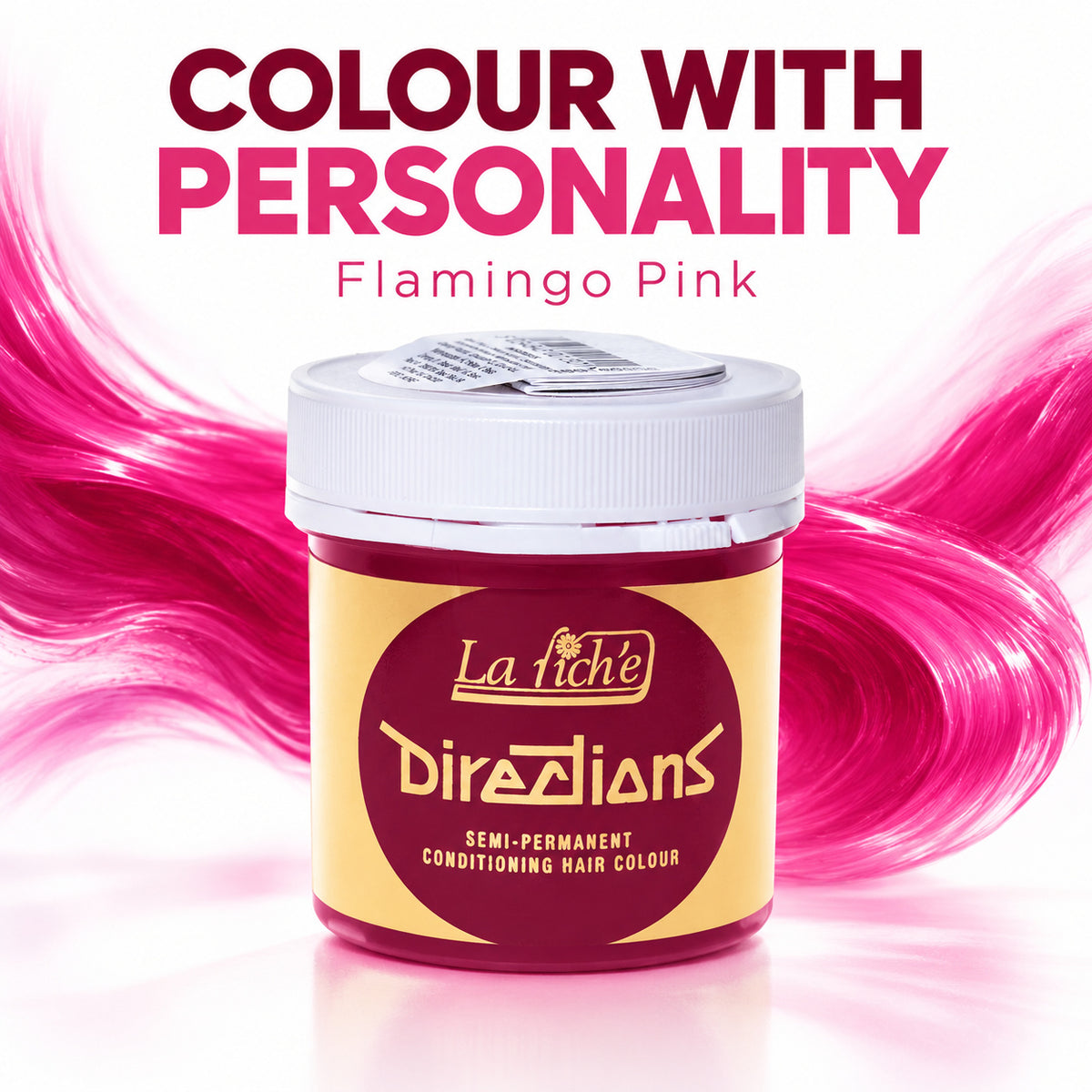 A jar of La Richie Directions semi-permanent conditioning hair colour in the shade Flamingo Pink, set against a white background with vibrant pink hair strands flowing behind it and promotional text at the top.