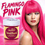 La Fiche Directions Flamingo Pink semi-permanent hair color jar shown next to a model with bright pink hair, on a pink and white background with the text 'FLAMINGO PINK'.