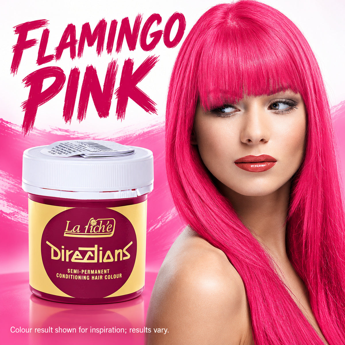 La Fiche Directions Flamingo Pink semi-permanent hair color jar shown next to a model with bright pink hair, on a pink and white background with the text 'FLAMINGO PINK'.