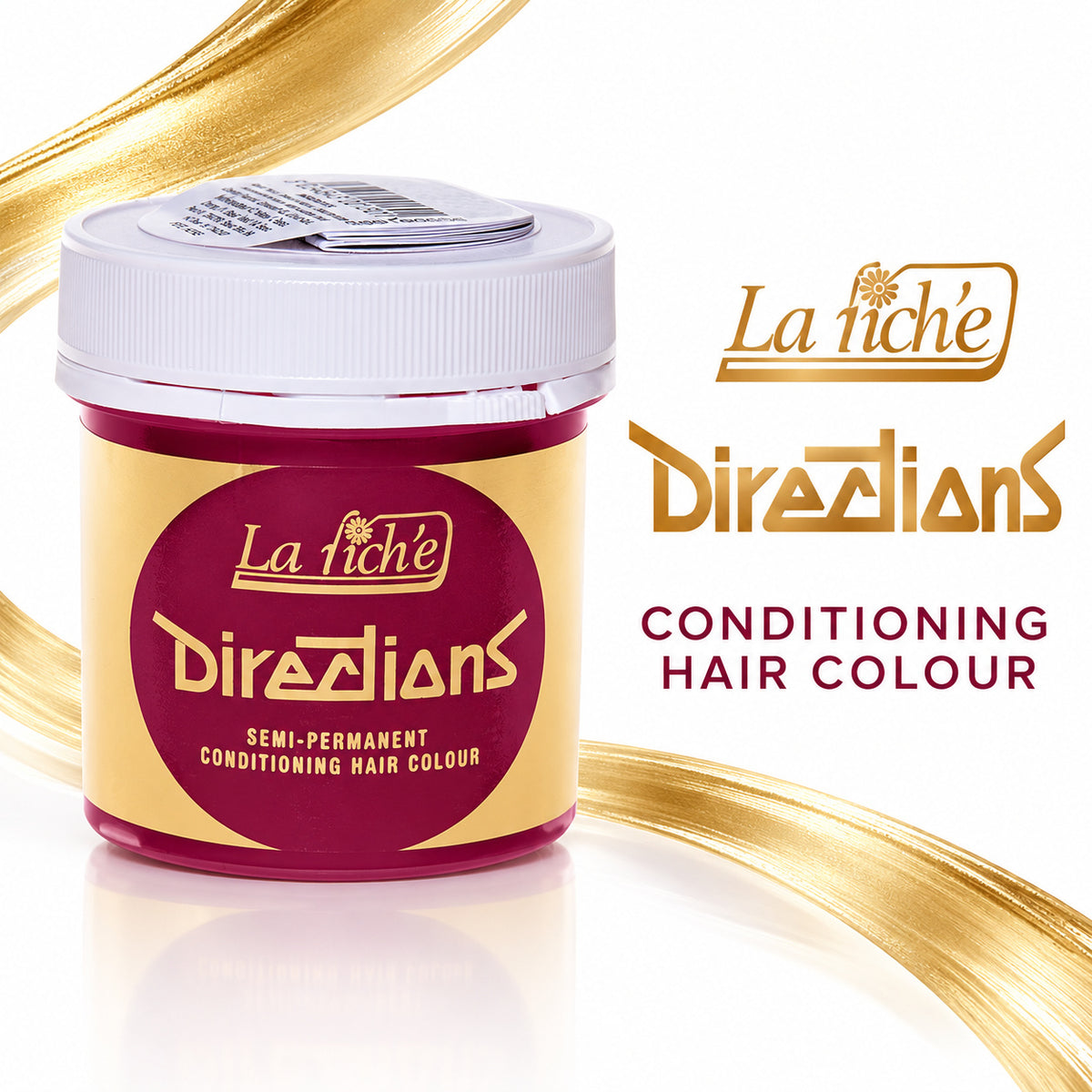 La Tiche Directions Conditioning Hair Colour jar with a white lid and gold/yellow label, shown on a white background with decorative gold hair strands and product text.