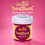 A jar of La Fichée Directions Flamingo Pink semi-permanent conditioning hair colour, set against a solid pink background with the brand logo and product name printed above.