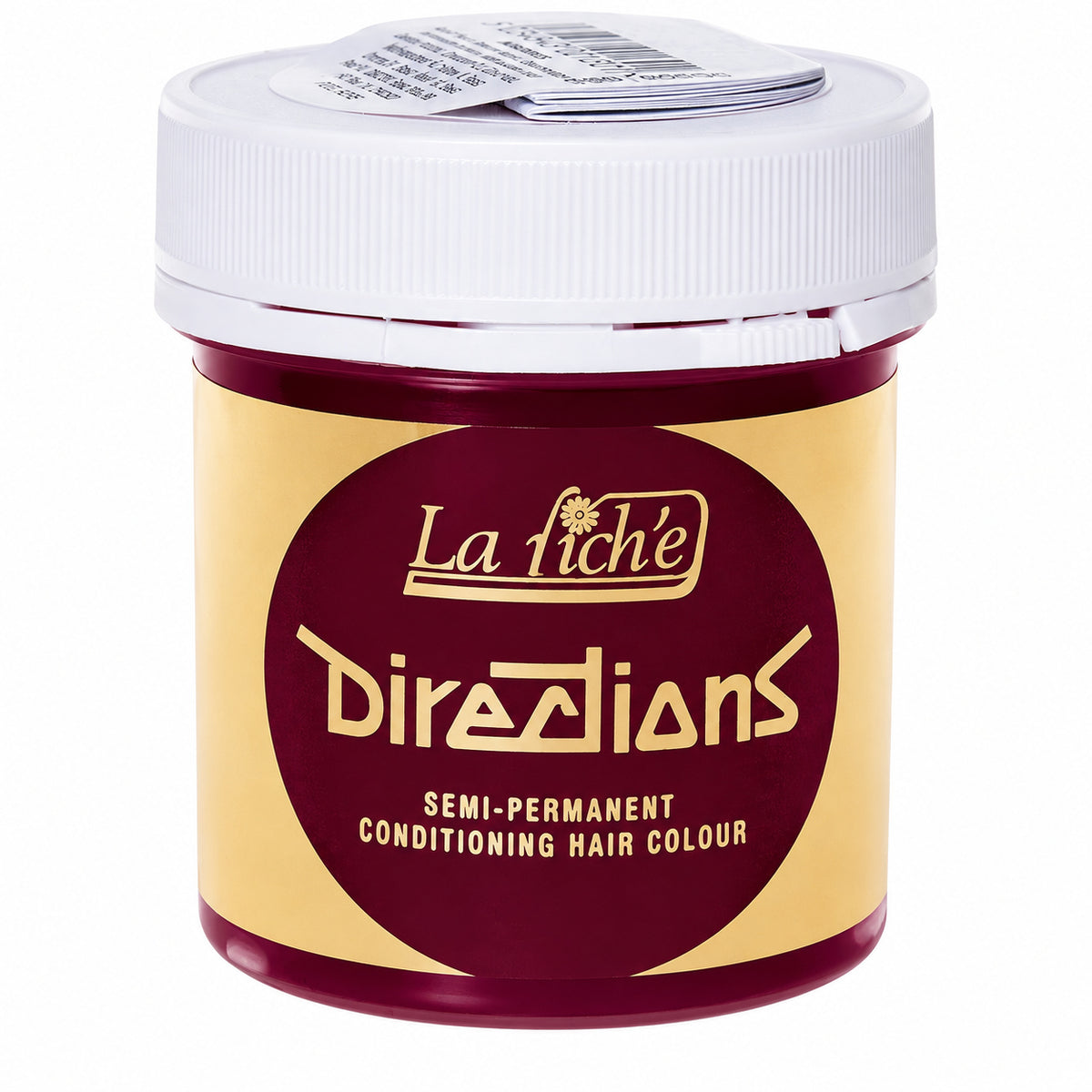 A jar of La Fiché Directions semi-permanent conditioning hair colour, featuring a deep burgundy and gold label with a white screw cap, shown on a plain white background.
