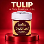 A jar of La Riche Directions TULIP semi-permanent conditioning hair colour, presented on a metallic red pedestal against a red background with text overlay.