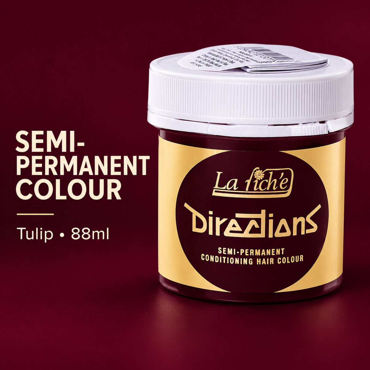 A jar of La Fichie Directions Semi-Permanent Tulip Conditioning Hair Colour on a dark burgundy background with product text on the left.