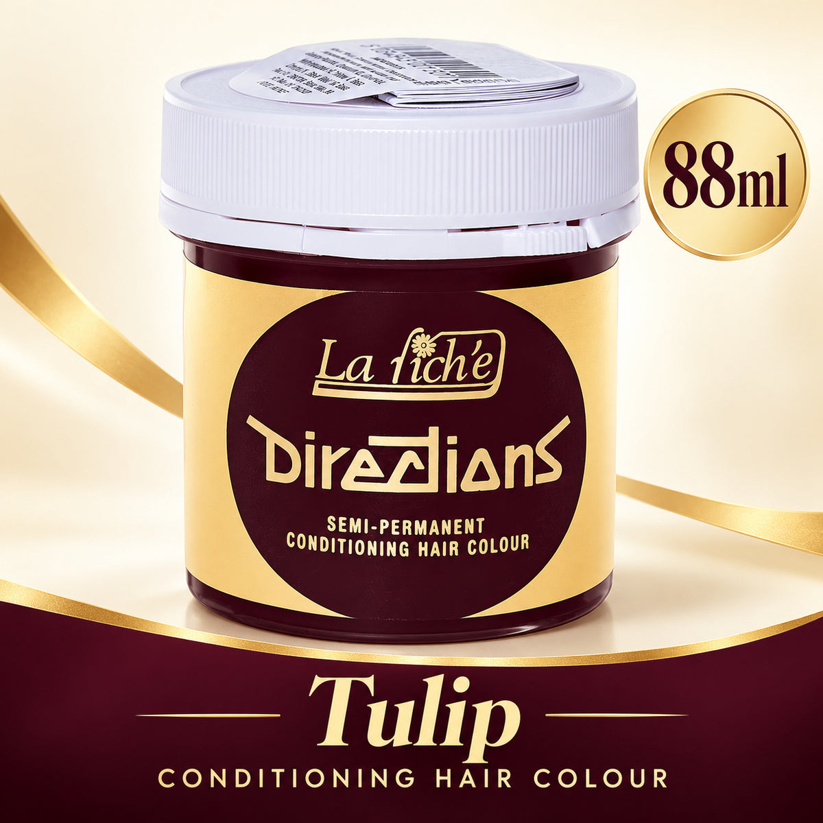 A jar of La Fiche Directions Semi-Permanent Conditioning Hair Colour in the Tulip shade, 88ml. The product is shown in a dark tulip-brown jar with a gold and white label, set against a gold and cream background with a gold '88ml' badge.