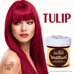 A model with long, vibrant magenta-red hair is shown next to a jar of La Féhé Directions Semi-Permanent Conditioning Hair Color in the shade Tulip, on a white background.
