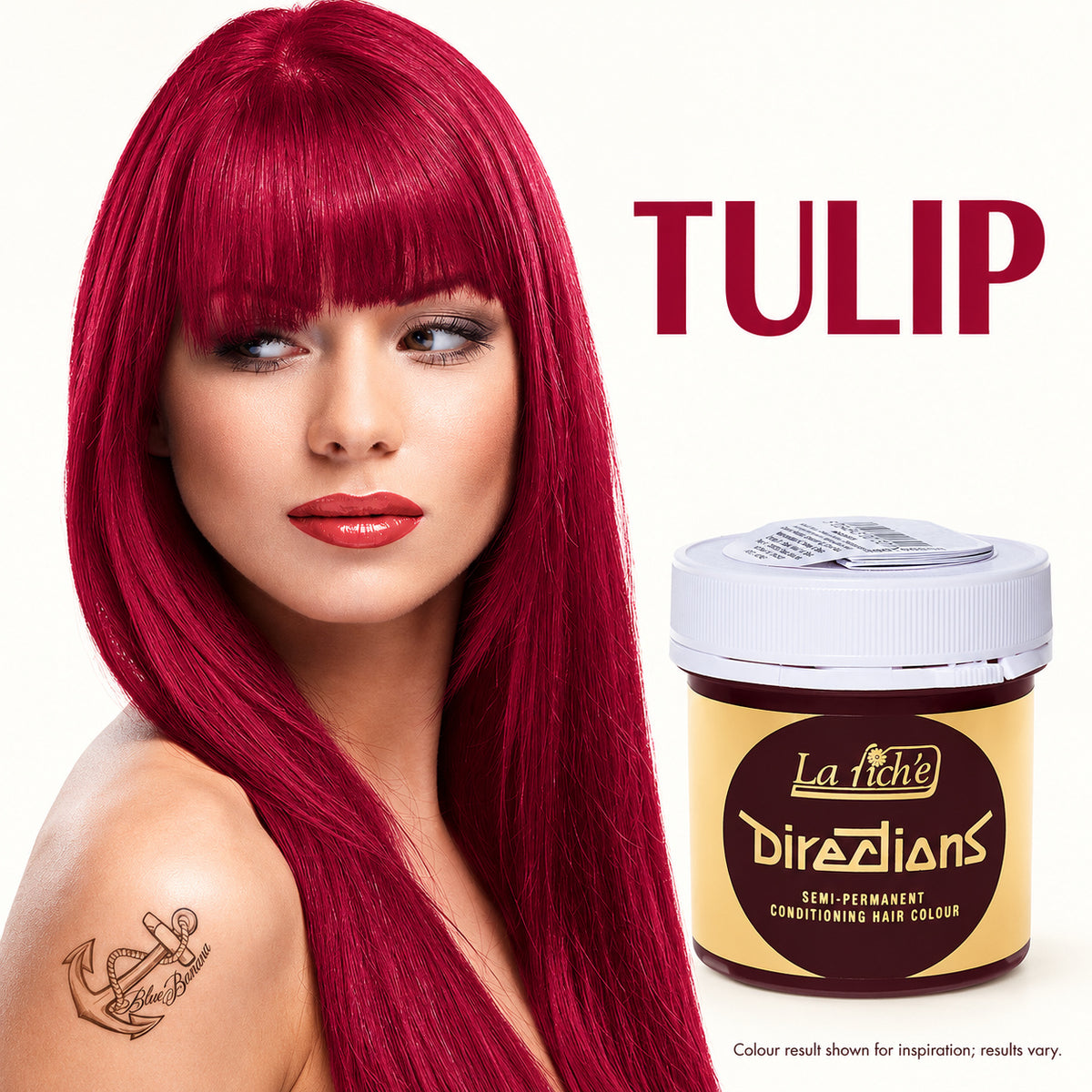 A model with long, vibrant magenta-red hair is shown next to a jar of La Féhé Directions Semi-Permanent Conditioning Hair Color in the shade Tulip, on a white background.