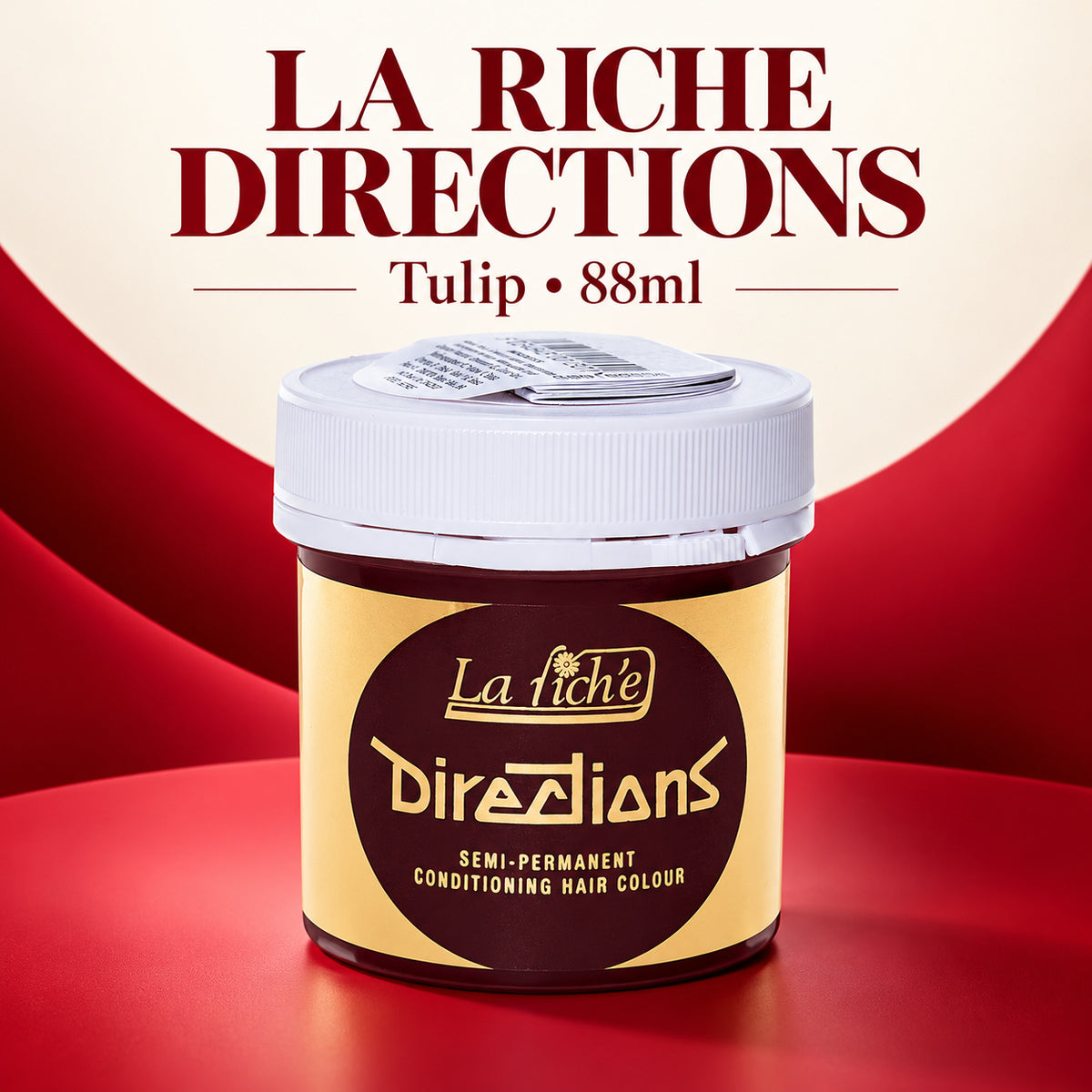 A jar of La Riche Directions Tulip semi-permanent conditioning hair colour, 88ml, shown against a red and cream background with the brand name 'LA RICHE DIRECTIONS' written at the top.