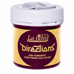 A jar of La Fiché Directions Semi-Permanent Conditioning Hair Colour, featuring a white ribbed cap and a label with a gold and dark purple design.
