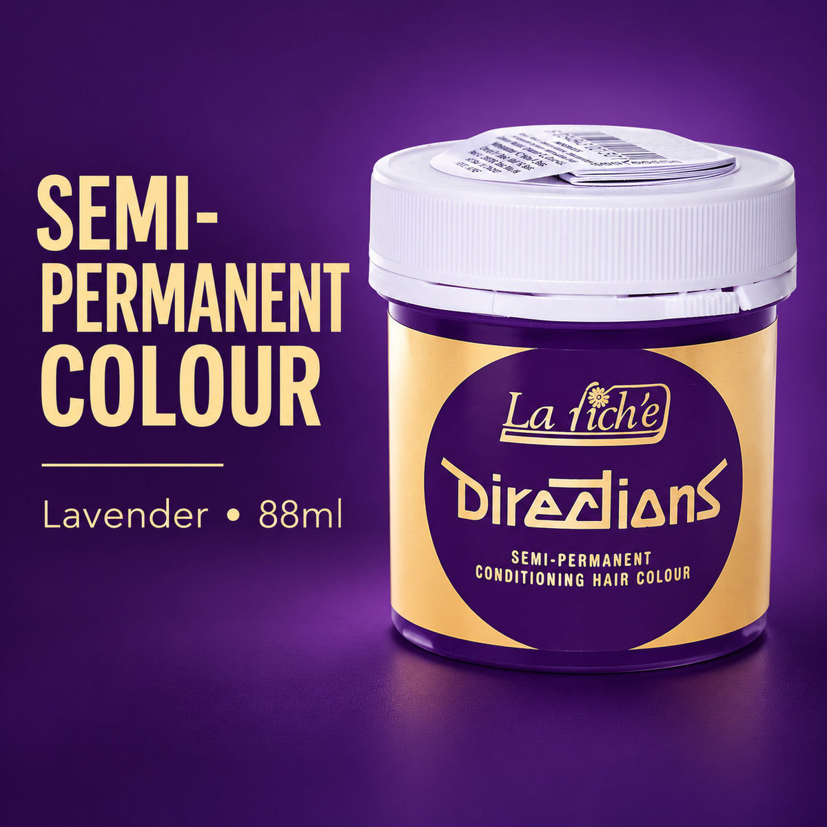 A jar of La Fichée Directions semi-permanent conditioning hair colour in lavender, shown on a purple gradient background with text reading 'SEMI-PERMANENT COLOUR' and 'Lavender • 88ml'.