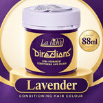 A jar of La Fichte Directions Semi-Permanent Conditioning Hair Colour in Lavender, 88ml. The product is shown in a purple and gold jar with a white lid, set against a purple and gold graphic background with a gold badge indicating '88ml'.