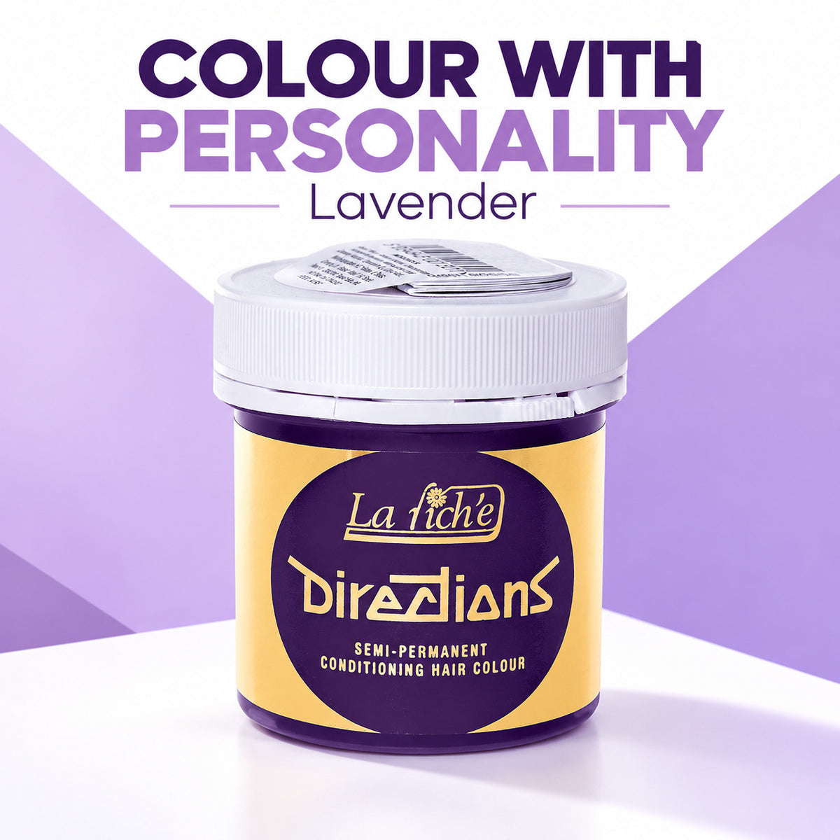 A jar of La Fiche Directions hair colour in the Lavender shade, displayed against a purple and white graphic background with promotional text.