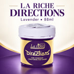 A jar of La Riche Directions semi-permanent conditioning hair colour in lavender, 88ml. The product is shown in a purple and gold jar with a white lid, set against a purple and cream background with the brand name 'LA RICHE DIRECTIONS' and 'Lavender • 88ml' written at the top.