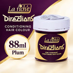 A jar of La Fiché Directions Conditioning Hair Colour in Plum, shown alongside promotional text on a gold and dark purple background.