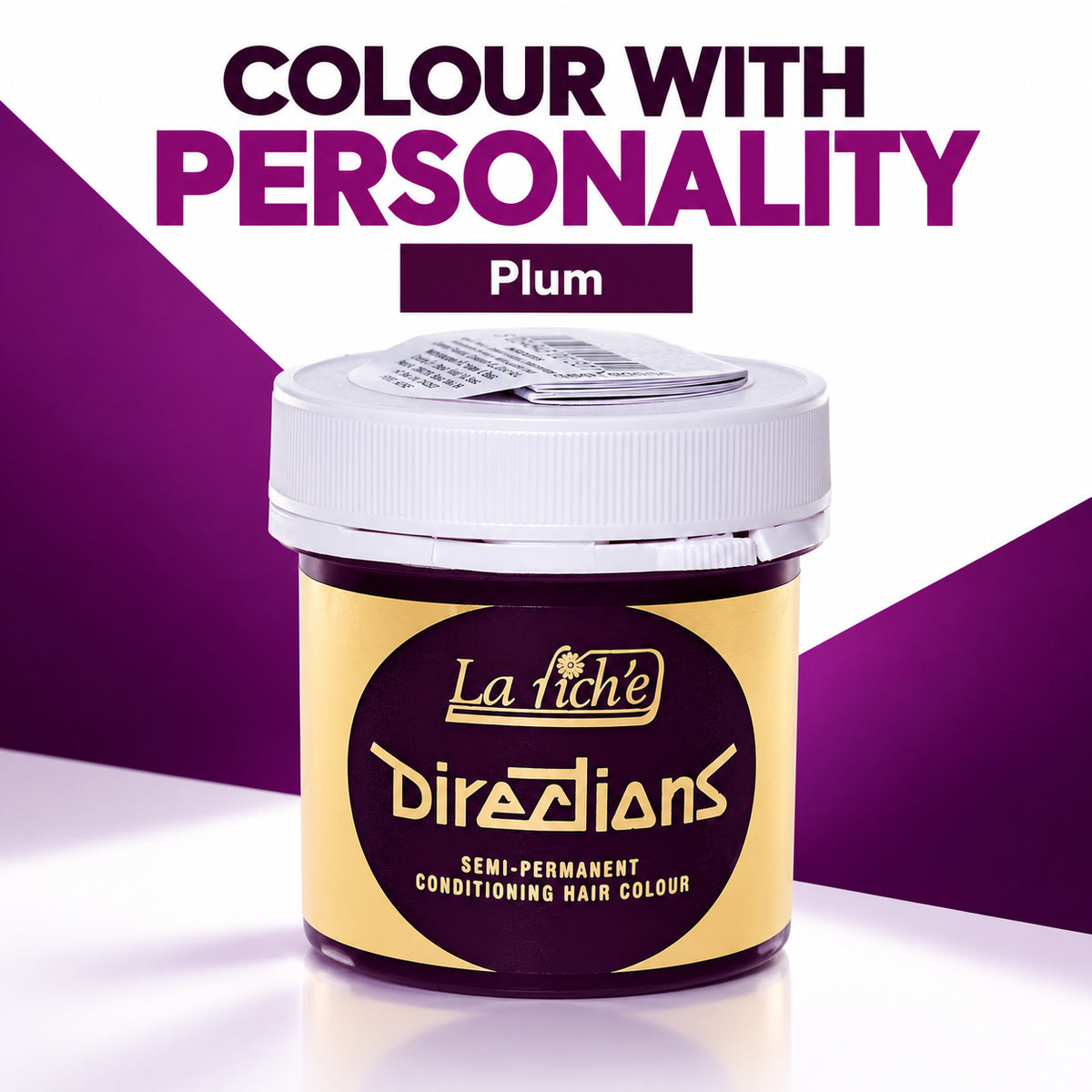 A jar of La Tiche Directions Semi-Permanent Conditioning Hair Colour in the shade Plum, set against a graphic background with purple and white diagonal sections and text reading 'COLOUR WITH PERSONALITY' and 'Plum'.