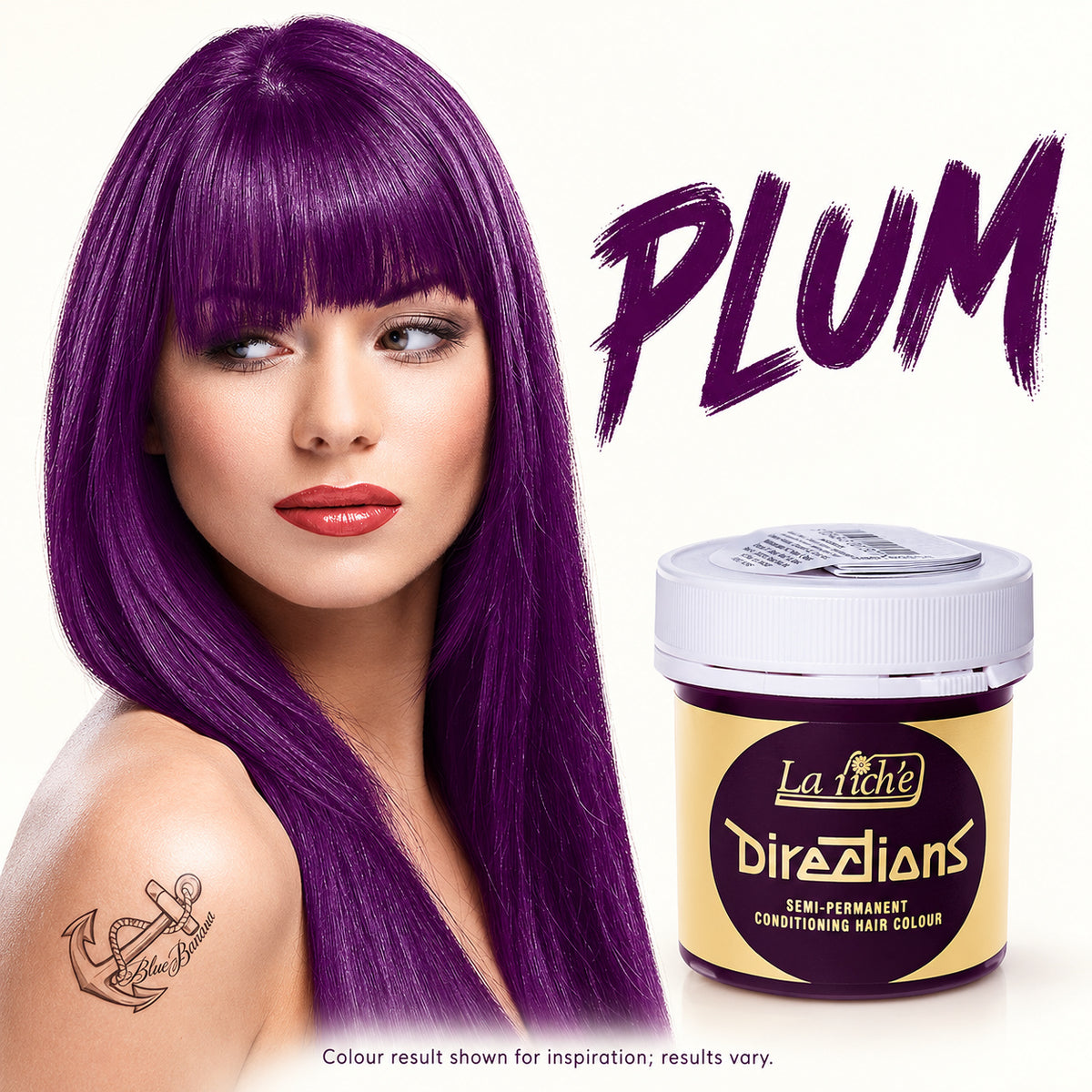 A woman with long, straight plum purple hair is shown beside a jar of La Féhé Directions semi-permanent conditioning hair colour in the shade Plum, on a white background.